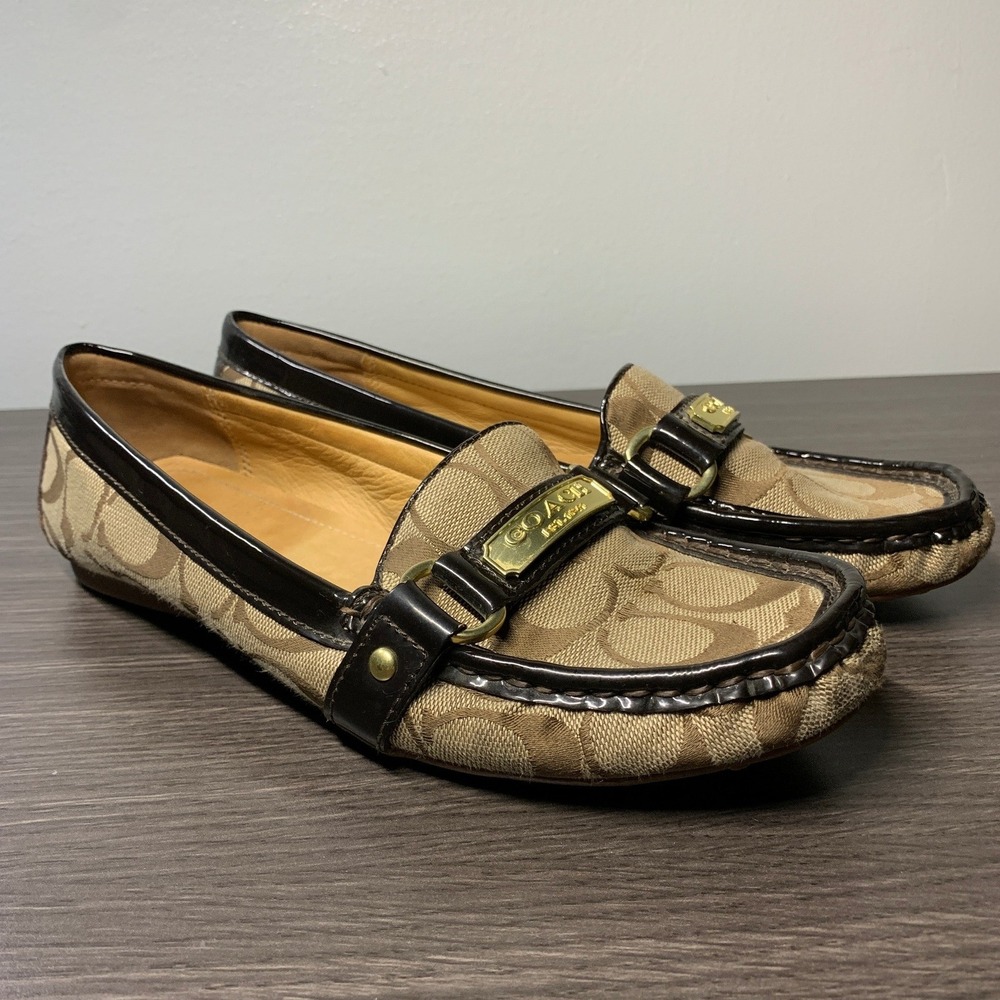Coach Felisha Signature Jacquard Driving Loafers Brown Patent A2134 Mens 8.5 B